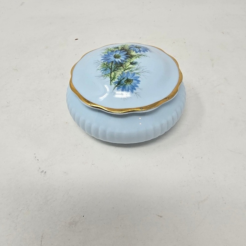 Vtg Royal Adderley Bone China floral trinket box sky blue‎ gold trim Cornflower